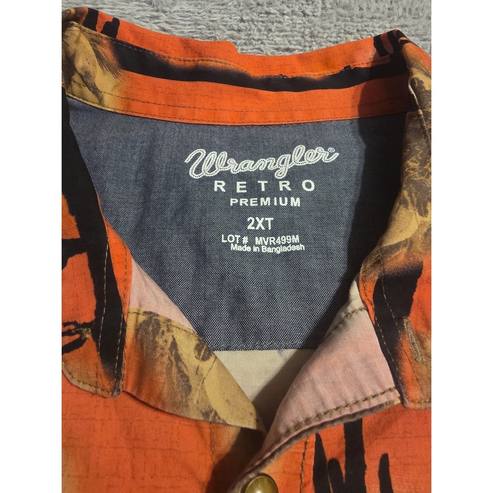 Wrangler Retro Mens 2XT Orange Western Cowboy Pearl Snap Rodeo Cactus Print